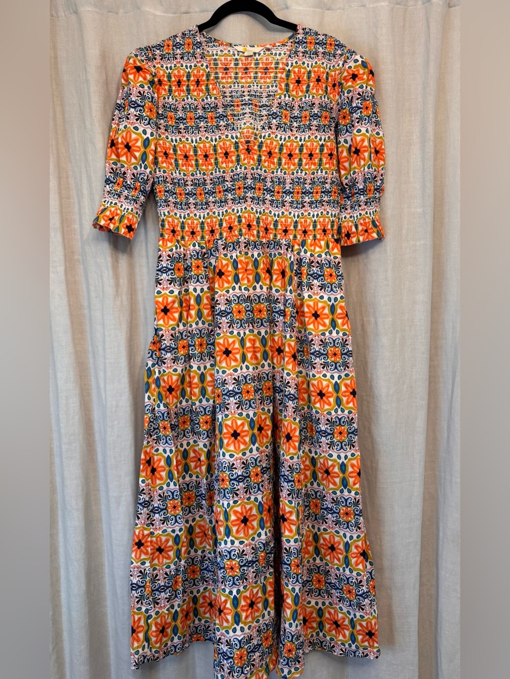 Boden Smocked Mosaic Floral Cotton Midi Dress Orange Blue Multicolor - Picture 1 of 7